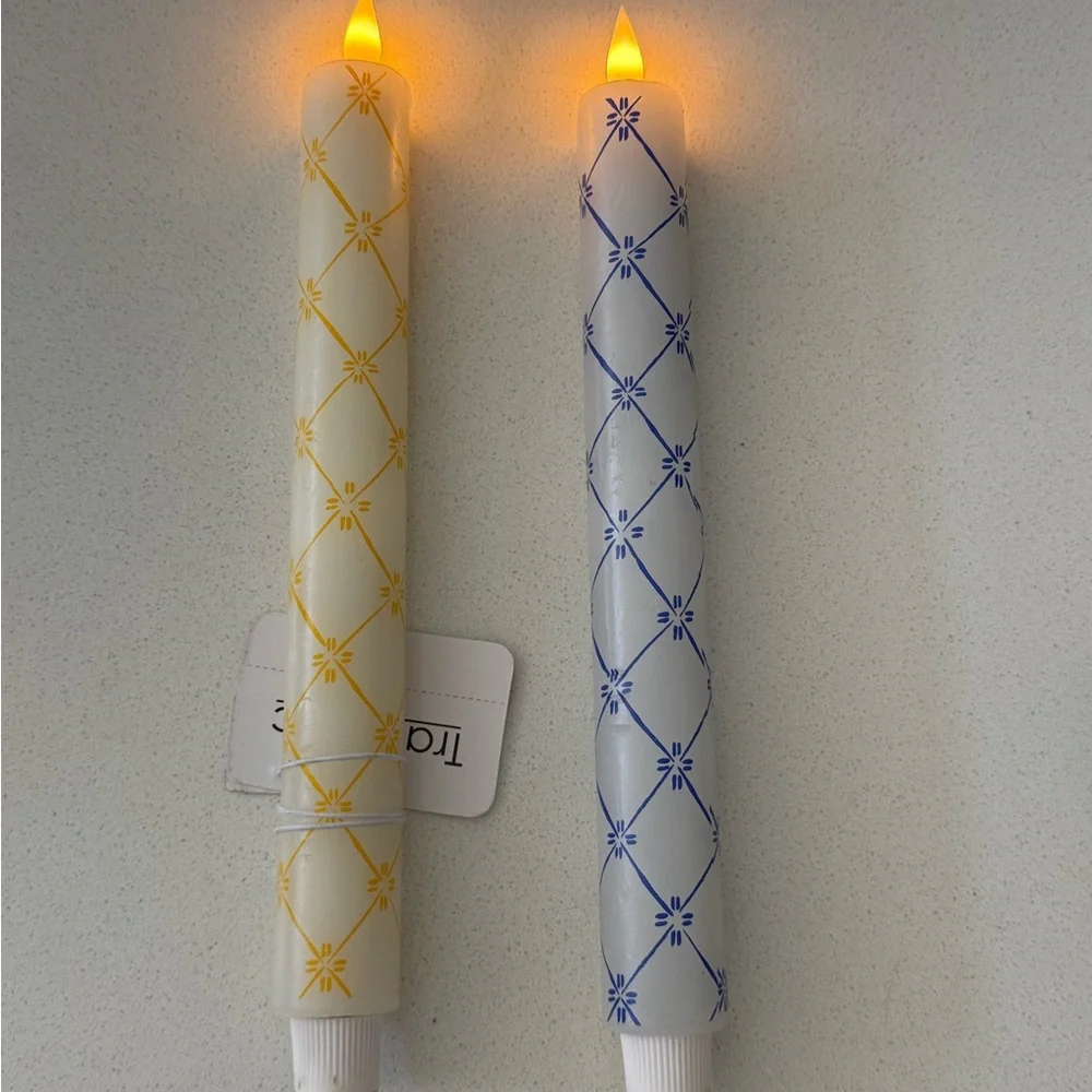 Flameless Candle Tapers Blue Yellow New Set‎ Of 2 11”